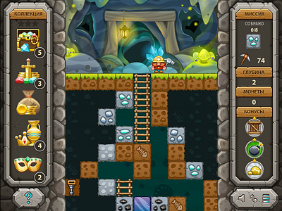 Dig It Game Scene Ui casual game gems gold icon match mine mobile mushroom stone ui vector