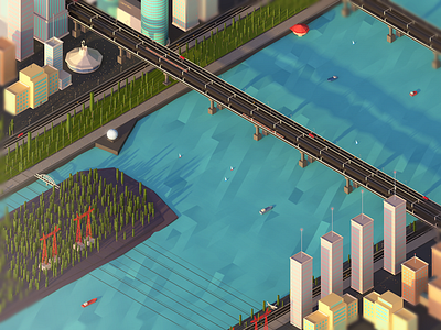 Low poly city fragment 7 / River antonmoek c4d cinema4d city digital art illustration isometric lowpoly polygonal polygons render