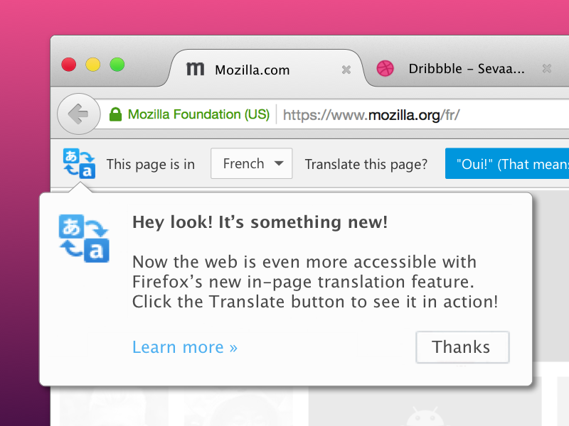 Promoting Automatic Translation in Firefox on First-Use doorhanger firefox mozilla notification toolbar translate translation ui ux