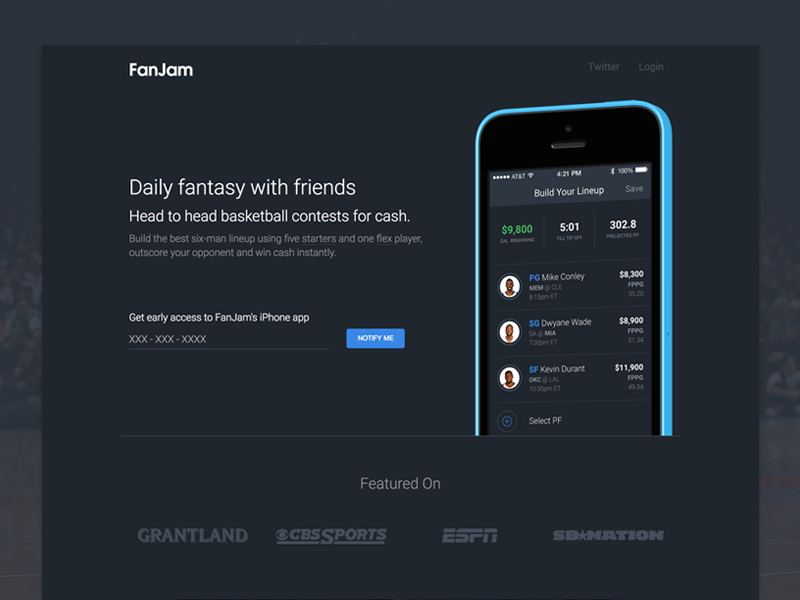 FanJam app basketball dark fantasy game minimal nba sports ui ux website