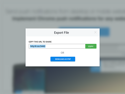 Modal Box blue close copy download export green link modal box share url white