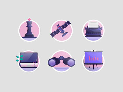 Icons binoculars chess icons illustrations landing site space satellite typewriter vector web