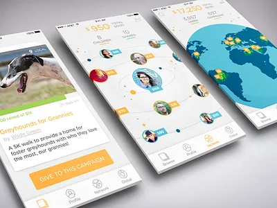 Campaign app campaign card dollars donate giving global ios mobile network swipe