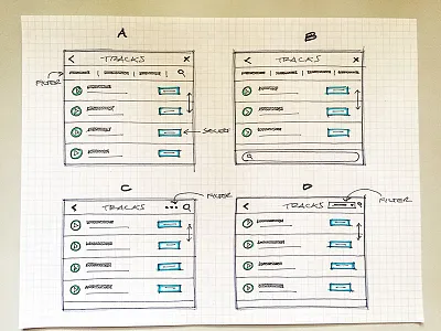 Track modal audio filter list paper pen sketch track ui ux