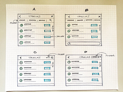 Track modal audio filter list paper pen sketch track ui ux