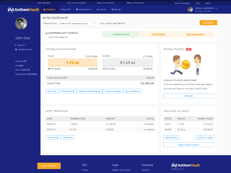 AnthemVault Dashboard Design bank dashboard gold metals money