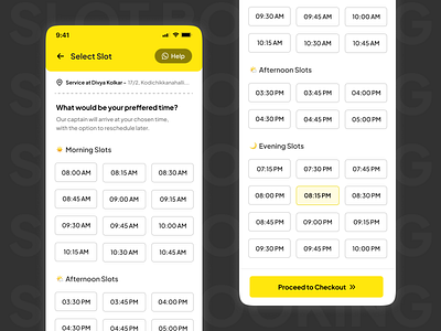 Mobile Slot Booking App UI app design booking booking app booking ui bookings clean ui creative figma mobile app mobile design product design select slot service app service booking simple ui slot booking time slot time slots ui yellow