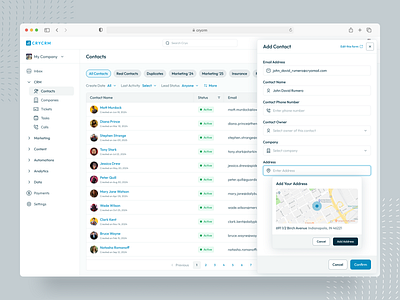 CRY CRM - An all-in-one tool for your CRM needs [Contacts] add new contact business intelligence design card ui client management system contact list ui contact table crm contacts crm dashboard enterprise software map ui minimal design overlay pagination ui product design productivity tools ui quick filter ui saas design side panel ui table ui