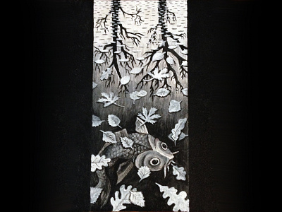 Almost done... acrylic black escher fish leaf leaves paint painting tree trees white