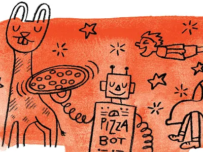 pizza bot, bunny-giraffe, cars with legs and rocket boots illustration kid stuff