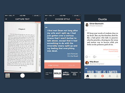 Quotle screens app book feed fonts ios mobile social network text