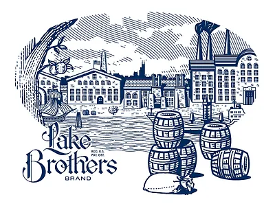 Lake Brothers Beer Co. illustration piece. barrel barrels beer boat brewery brewing factory frigate growcase lake brothers beer co the great lakes victorian illustration