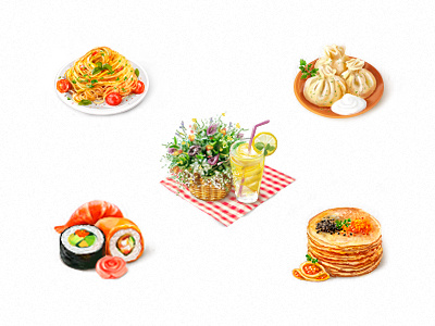 Realistic food icons colorful icons flowers fresh georgian cuisine italian cuisine juicy lemonade pancakes pasta red and black caviar sushi tasty