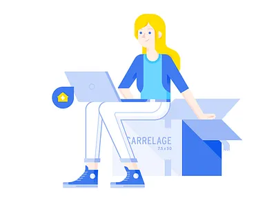 Girl with cardboard box blond box cardboard computer girl laptop sneakers