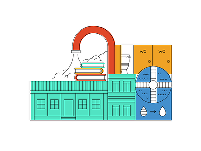 Keep the flow going book building drop education house illustration print tap toilet water
