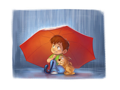 Rain boy character cold dog fear illustration rain umbrella water