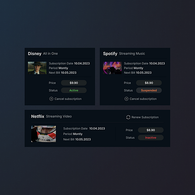 Dark mode card design I designed for streaming video/music/game card design dark mode ui web design