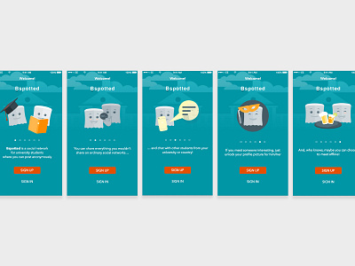 Bspotted Walkthrough app blue college illustration ios network onboarding social social network tour university walkthrough