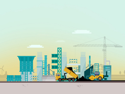 Construction Site blue building construction crane flat orange roller scenery sky truck vector