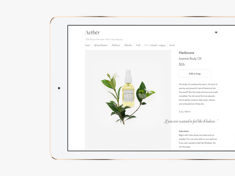 Aethēr ↠ Product detail page branding design flat ipad logo photography type typography ui ux web website