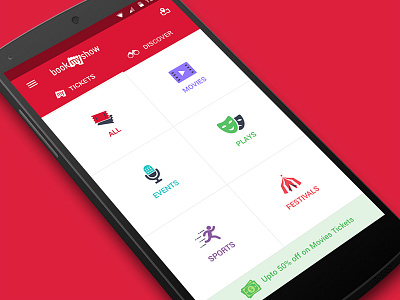 Bookmyshow01 - Tickets Booking App android app bookmyshow design flat icons interface iphone material red ui ux
