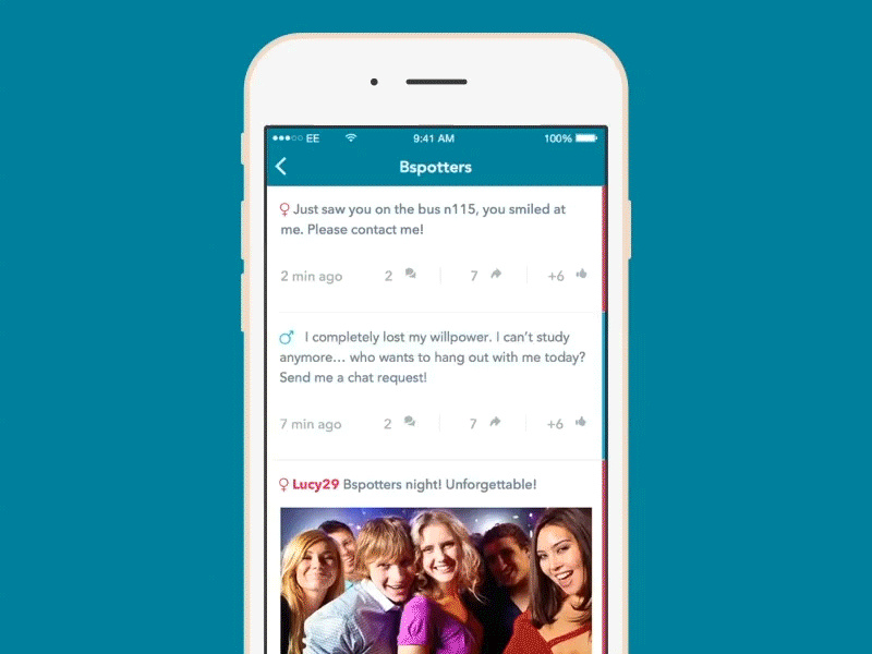 Bspotted Post Page animation app blue college comments hall illustration ios party post social network university