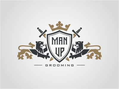 Logo for grooming product coat of arms crest crown grooming lion manly shield sword