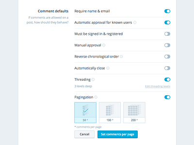 Comment Settings selection settings toggle