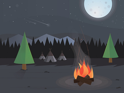 Indian Camp camp campfire cartoon fire forest illustrator indian moon night vector