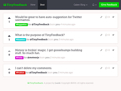 TinyFeedback sneak peek meteor side projects tinyfeedback