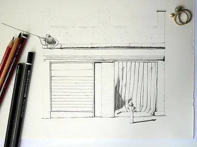 Mairead Murphy Sketch architecture building in monochrome pencil progress sketch suburb urban work