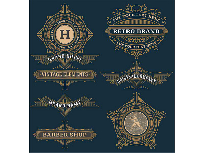 Set of design elements baroque element emblem flourish label logo monogram retro templates