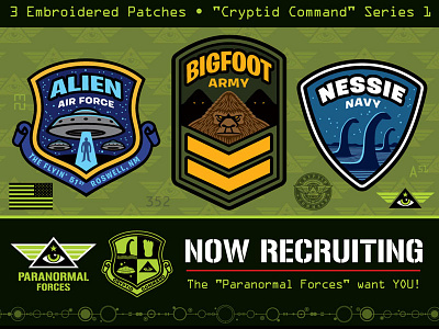 "Cryptid Command" Kickstarter Header Image bigfoot cartoon cryptid cryptozoology illustration loch ness monster nessie paranormal patch ufo