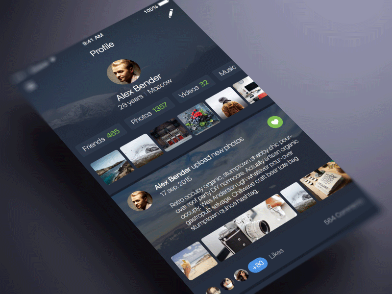 Social App Ui Sidebar Animation app dark feed ios ios7 photos profile social timeline ui ux