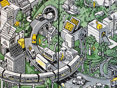 Green Oakland Painting - Crop 1 aerial bart building car city illustration isometric oakland painting transportation