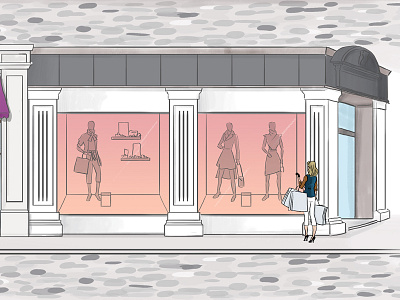 Window Shopping buildings illustration lady shops window shopping