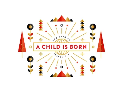 A child is born christmas flower gold holiday letterpress minimal screen print sun tree verse