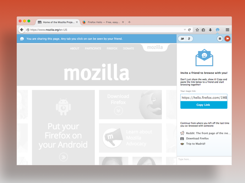 Firefox Hello UI with Sidebar application firefox mozilla panel share sidebar ui ux window