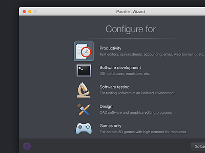 Parallels Desktop. Wizard. Configure app application dark desktop icon interface mac mac os os x ui ux