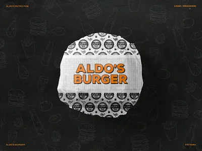 Aldo's Burger barbecue bbq branding burger design food graphic design illustration lunch monochrome orange pattern pub pub branding restaurant restaurant brancing retro typography wrapping paper