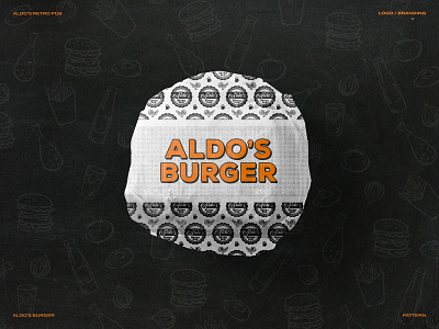 Aldo's Burger barbecue bbq branding burger design food graphic design illustration lunch monochrome orange pattern pub pub branding restaurant restaurant brancing retro typography wrapping paper