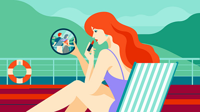 Сruise (GIF) animation character cruise gif ginger hair illustration lipstick lounge make up mirror oversee pin up red hair retro river spy sun bed swimsuit vintage woman