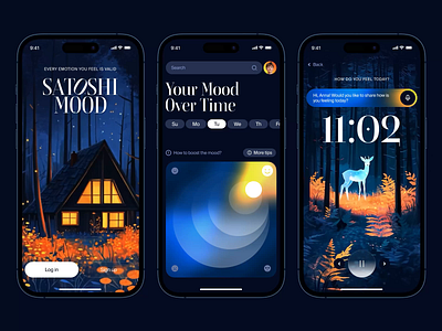 Satoshi Mood - Selfcare App Concept ai animation clean concept daily dark theme illustration interface meditation mobileapp moodtracker motion graphics positive psuchology selfcare ui ux vibes wellbeing