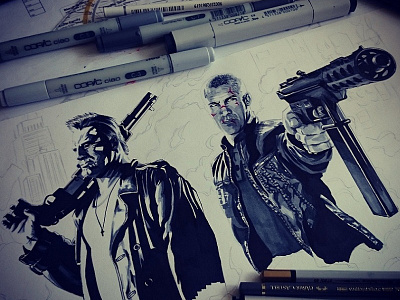 Progress Marv & Dwight blackbook color copicmarkers dwight grey illustration marv paper pencil project sincity sketch