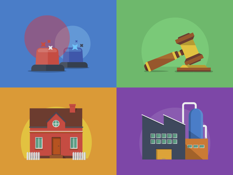 Hero illustrations factory flat gavel hammer house illustration industry siren