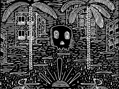 Pure Fix Cycles Illustration - Detail cityscape clouds drawing ink drawing palm trees skull