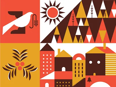 holidazed n confused buildings dove geometric holiday holly sun trees winter