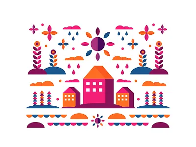 Natureland + 2 Dribbble Invites city cloud flat flower house illustration invites mural nature tree vector
