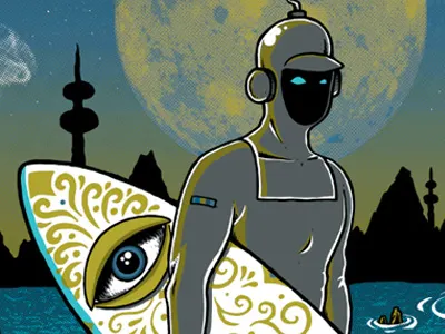 Cosmic Night Rider ca cosmic gigposter my morning jacket night rider santa barbara screenprint surfer surfing