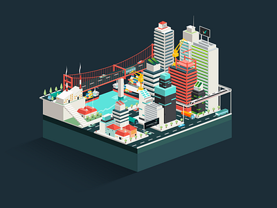 Connected Insight City Part bridge buildings cars crane factory illustration isometric port ship skyscraper train